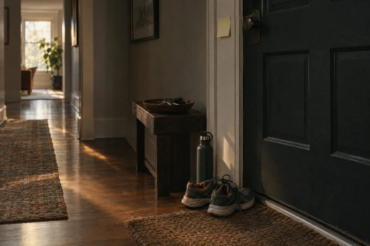 A pair of running shoes and a water bottle waiting by a front door