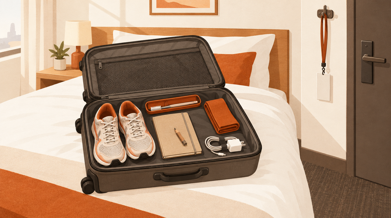 An open suitcase on a hotel bed with running shoes, a notebook and pencil, a resistance band and a charger packed neatly, a key card hanging by the door
